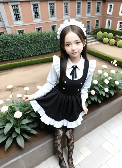 (Biological Corpse Factory)、maids,Look at the audience,(skinny:0.79),(younger:0.82),from above,(medium chest:0.60),に付けたblack lace stockings,slouches forward,japanese,(Smile Yang:0.47),black lace stockings