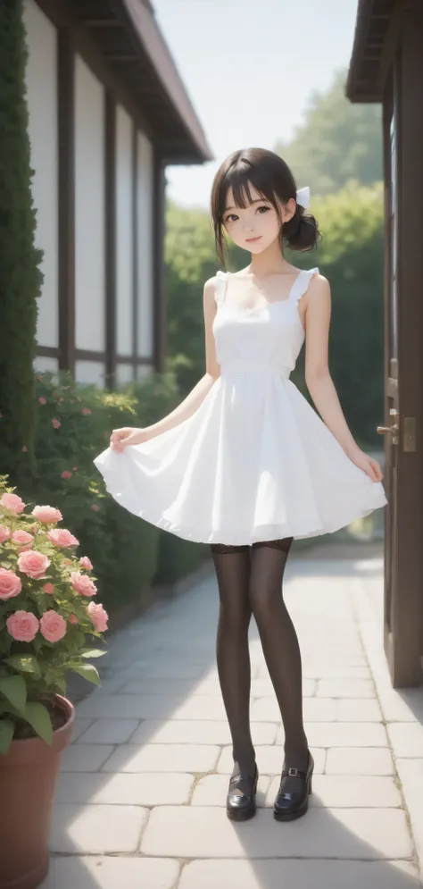 one girl、maids,Look at the audience,(skinny:1.47),(younger:0.75),from above,slouches forward,(big boobs:0.40),Watering flowers outside the mansion,japanese,(Smile Yang:0.58),black lace stockings