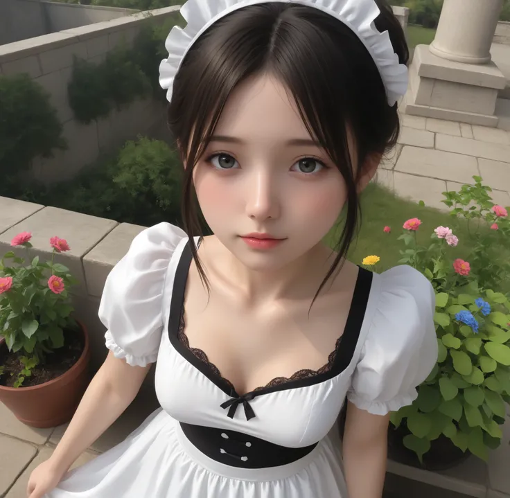 one girl、maids,Look at the audience,(skinny:0.04),(younger:0.55),from above,slouches forward,(big boobs:0.69),Watering flowers outside the mansion,japanese,(Smile Yang:0.39),black lace stockings