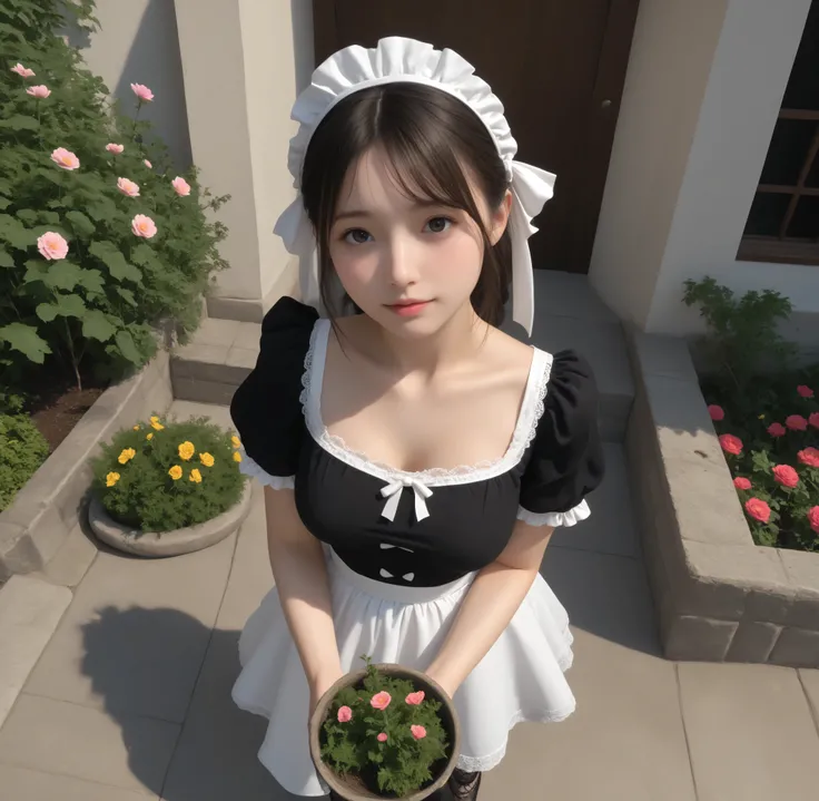 one girl、maids,Look at the audience,(skinny:0.04),(younger:0.55),from above,slouches forward,(big boobs:0.69),Watering flowers outside the mansion,japanese,(Smile Yang:0.39),black lace stockings