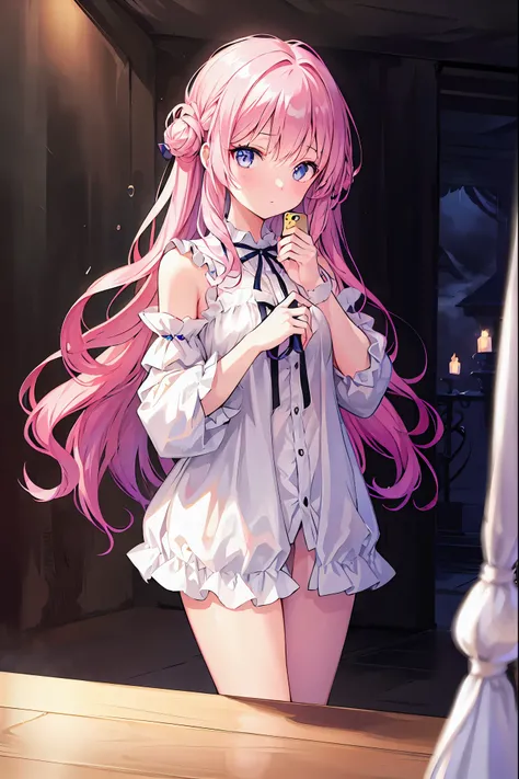 Haunted Castle、Late Night、The girl who lost her way、Smartphone in hand、Smartphone light、Lightning echoes、girl wet in the rain、big mansion like a castle、 Ghosts、dimly lit room、State of Ruins、Only ghost eyes light up、Seimitsu、4K resolution、High Quality、Super...