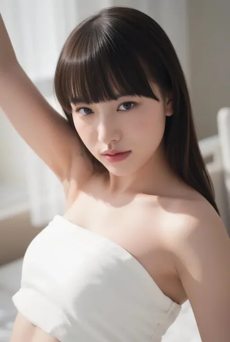 sharp image quality、High Fine、portrait photo of upper body lifting white with mouth、Gorgeous mature beauty、Superb Beauty、Fair Silky Skin、filmed on bed in an erotic atmosphere、Bright gray eyes、Eyes of Temptation、BIG BREASTS、glamorous、Huge natural Breasts、Mo...