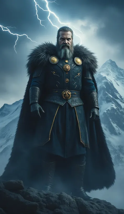 David Harbour as Odin, the Norse All-Father, standing, atop a stormy mountain peak, commanding and divine presence, older powerful man, long silver beard, stern expression, one glowing eye, another eye covered by an ornate eyepatch, regal and ancient armor...