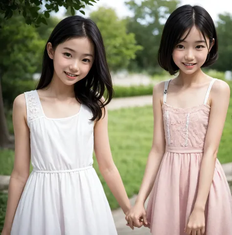 2 cute girls,((Highest Quality)),park where the nipples are almost visible,((Photo Quality)),(Slim:1.5),(detail),Tiny Chest,narrow shoulder width,perfect face,Tank Dress ,ruffle dress,(skinny:1.3),(smile:0.5)
