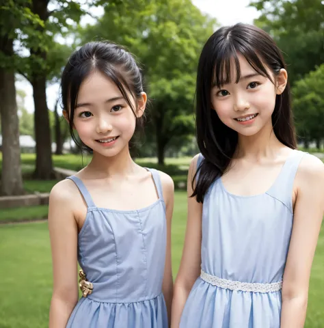 8 years old,2 cute girls,((Highest Quality)),park where the nipples are almost visible,((Photo Quality)),(Slim:1.5),(detail),Tiny Chest,narrow shoulder width,perfect face,Tank Dress ,ruffle dress,(skinny:1.3),(smile:0.5)