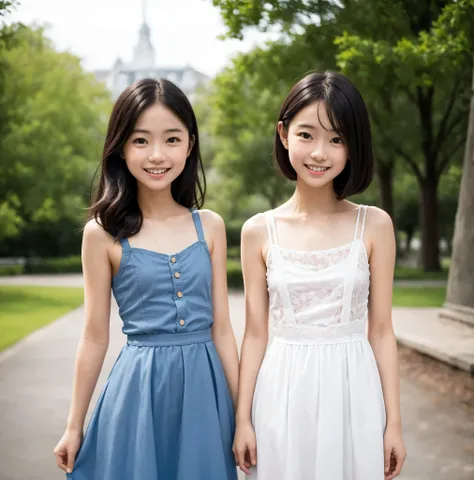 2 cute girls,((Highest Quality)),park where the nipples are almost visible,((Photo Quality)),(Slim:1.5),(detail),Tiny Chest,narrow shoulder width,perfect face,Tank Dress ,ruffle dress,(skinny:1.3),(smile:0.5)