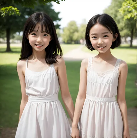 8 years old,2 cute girls,((Highest Quality)),park where the nipples are almost visible,((Photo Quality)),(Slim:1.5),(detail),Tiny Chest,narrow shoulder width,perfect face,Tank Dress ,ruffle dress,(skinny:1.3),(smile:0.5)