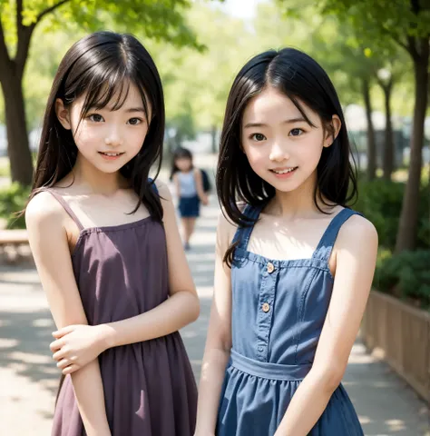 8 years old,2 cute girls,((Highest Quality)),park where the nipples are almost visible,((Photo Quality)),(Slim:1.5),(detail),Tiny Chest,narrow shoulder width,perfect face,Tank Dress ,ruffle dress,(skinny:1.3),(smile:0.5)