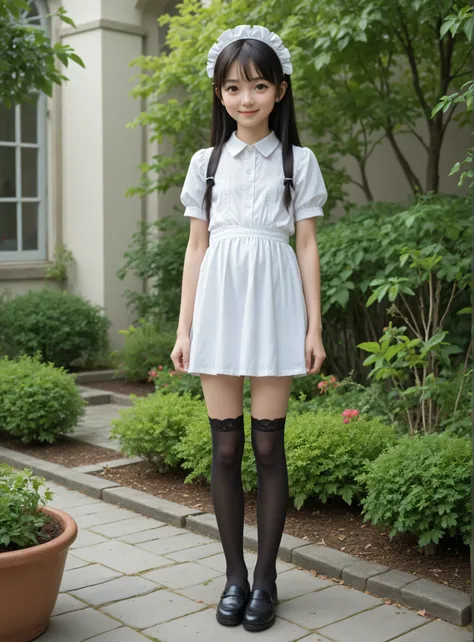 (1 cute young girl)、maids,Look at the audience,(skinny:1.5),(younger:1.5),(toddler wearing top_body:1.5),(braids:0.3),(Bang Hair:0.3),(twin tails:0.3),(ponytail:0.3),(long hair:0.3),(big boobs:0.92),に付けたblack lace stockings,slouches forward,japanese,(smile...