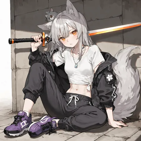 amber eyes、with gray hair on the head、and have a baby face and feel a little cool、Wolf Ears、with a fluffy tail growing on her waist、Silver necklace on the neck、What's inside is a white t-shirt、wearing a black jacket or jacket、As for the pants, I wear sweat...