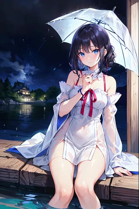 Haunted Castle、Japanese Castle，🏯、1 Midnight、The girl who lost her way、long black hair，Smartphone in hand、Smartphone light、Lightning echoes、girl wet in the rain、big mansion like a castle、 Ghosts、dimly lit room、State of Ruins、Only ghost eyes light up，shortcu...