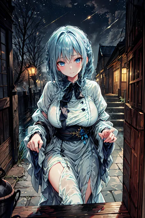 Haunted Castle、1 Midnight、The girl who lost her way、long black hair,Lanterns in hands、Lantern Lights、Lightning echoes、girl wet in the rain、big mansion like a castle、 Ghosts、dimly lit room、State of Ruins、Only ghost eyes light up,shortcuts,unkempt hair,Short...