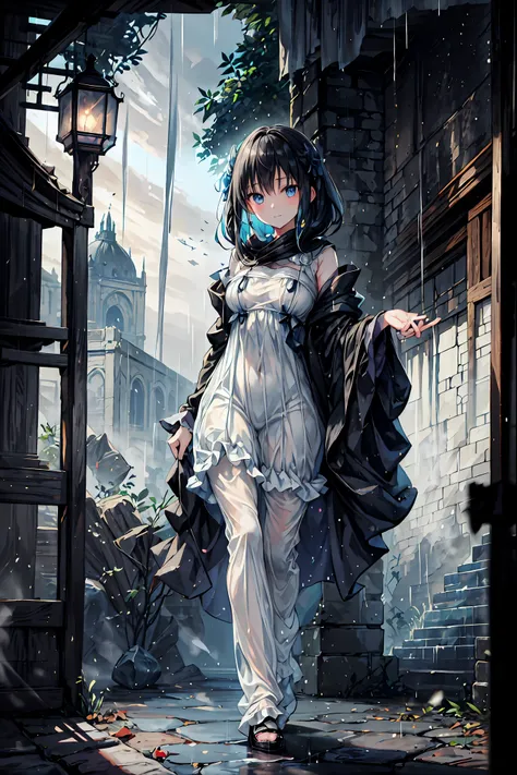 Haunted Castle、1 Midnight、The girl who lost her way、long black hair,Lanterns in hands、Lantern Lights、Lightning echoes、girl wet in the rain、big mansion like a castle、 Ghosts、dimly lit room、State of Ruins、Only ghost eyes light up,shortcuts,unkempt hair,Short...