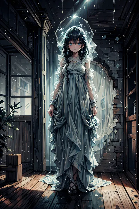 Haunted Castle、1 Midnight、The girl who lost her way、long black hair,Lanterns in hands、Lantern Lights、Lightning echoes、girl wet in the rain、big mansion like a castle、 Ghosts、dimly lit room、State of Ruins、Only ghost eyes light up,shortcuts,unkempt hair,Short...