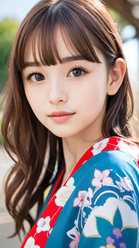 (Close up portrait of red brown wavy long hair with dull bangs girl in beautiful colorful kimono:1.5)、(One girl is enshrining a shrine in Japan with smiles:1.3)、(A shrine in Japan with a winter blue sky:1.5)、(8k ultra detailed master piece:1.5)、(perfect a...