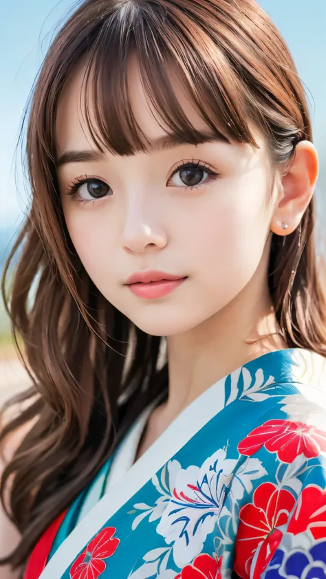 (Close up portrait of red brown wavy long hair with dull bangs girl in beautiful colorful kimono:1.5)、(One girl is enshrining a shrine in Japan with smiles:1.3)、(A shrine in Japan with a winter blue sky:1.5)、(8k ultra detailed master piece:1.5)、(perfect a...