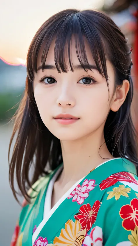 (Close up portrait of half up brown long hair with bangs girl in beautiful colorful kimono:1.5)、(One girl is enshrining a shrine in Japan with smiles:1.3)、(A shrine in Japan with a winter sunset red sky:1.5)、(8k ultra detailed master piece:1.5)、(perfect a...