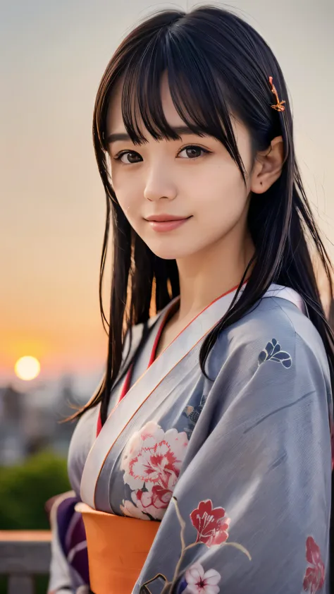 (Close up portrait of dark silver long hair with swept bangs girl in beautiful colorful kimono:1.5)、(One girl is enshrining a shrine in Japan with smiles:1.3)、(A shrine in Japan with a winter sunset red sky:1.5)、(8k ultra detailed master piece:1.5)、(perfe...