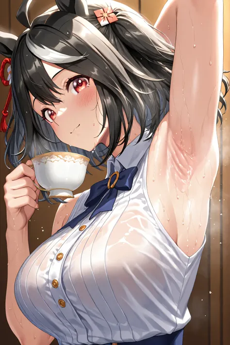 kitasan black \(umamusume\),,Suchwet, ,cute face,smell your armpit,Smelly Armpits 、armpit close-up、 Armpit close-up、sweat gushing out of her armpits、holding a teacup in hand、Bring a teacup under your armpit、armpit sweat overflowing from your armpit drips o...