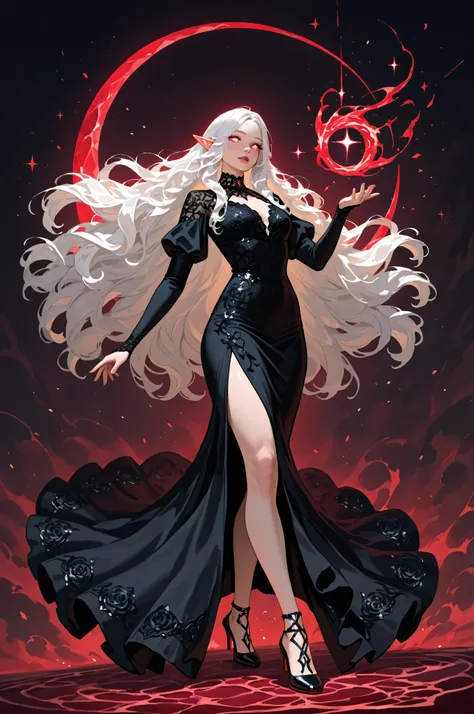 femillustration, portrait a female elf, fair skin, white hair, long hair, wavy hair, flowing hair, sparkling red ruby diamond eyes, there are jewelry in her hair, wearing dark silk dress, intricate dress, high heels, best quality, 16k, ultra detailed, ma...