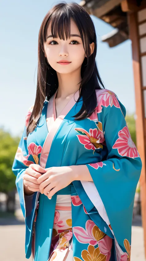(Close up portrait of half up brown long hair with bangs girl in beautiful colorful kimono:1.5)、(One girl is enshrining a shrine in Japan with smiles:1.3)、(A shrine in Japan with a winter blue sky:1.5)、(8k ultra detailed master piece:1.5)、(perfect anatomy...