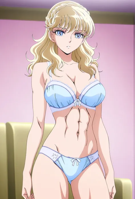 score 9、score 8 up、score 7 up、source anime、傑作、best quality、best resolution、best image quality、anime coloring、1girl、mii、anime character with a light blue bra and light blue panty、solo、blonde hair、long hair、blue eyes、french braid、crown braid、Quiet Laughter、l...