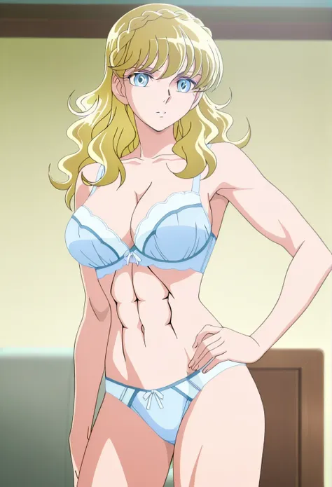 score 9、score 8 up、score 7 up、source anime、傑作、best quality、best resolution、best image quality、anime coloring、1girl、mii、anime character with a light blue bra and light blue panty、solo、blonde hair、long hair、blue eyes、french braid、crown braid、Quiet Laughter、l...