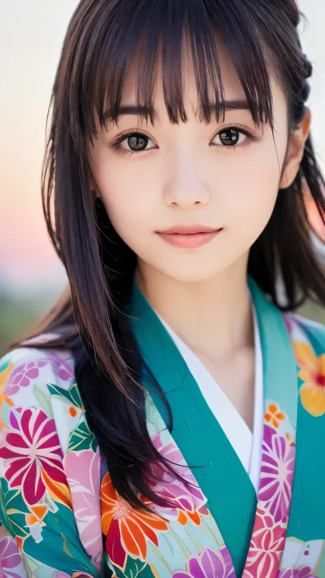 (Close up portrait of half up brown long hair with bangs girl in beautiful colorful kimono:1.5)、(One girl is enshrining a shrine in Japan with smiles:1.3)、(A shrine in Japan with a winter sunset red sky:1.5)、(8k ultra detailed master piece:1.5)、(perfect a...
