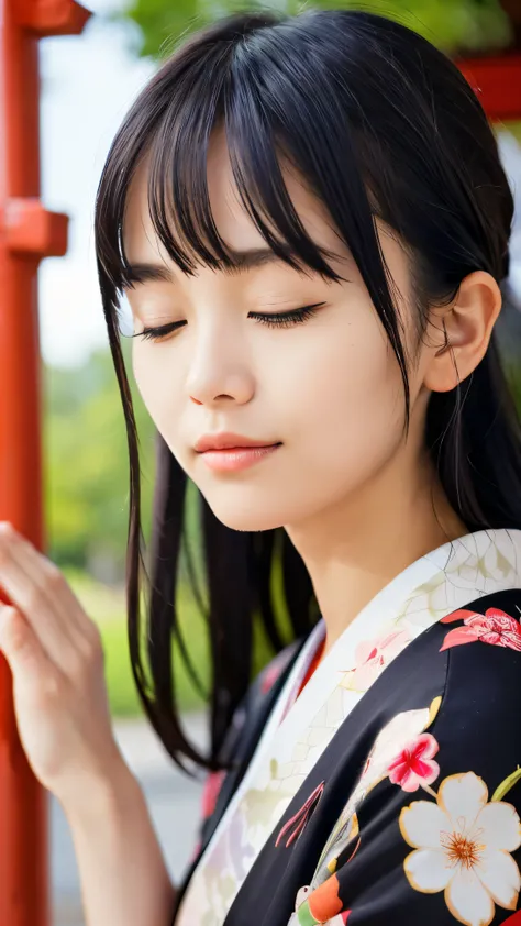 (Close up portrait of dark silver long hair with swept bangs in a beautiful colorful floral pattern kimono:1.5)、(One girl praying with her eyes closed and palms together at a shrine in Japan:1.5)、(A shrine in Japan with a winter sky:1.5)、(8k ultra detailed...