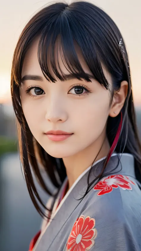(Close up portrait of dark silver long hair with swept bangs girl in beautiful colorful kimono:1.5)、(One girl is enshrining a shrine in Japan with smiles:1.3)、(A shrine in Japan with a winter sunset red sky:1.5)、(8k ultra detailed master piece:1.5)、(perfe...