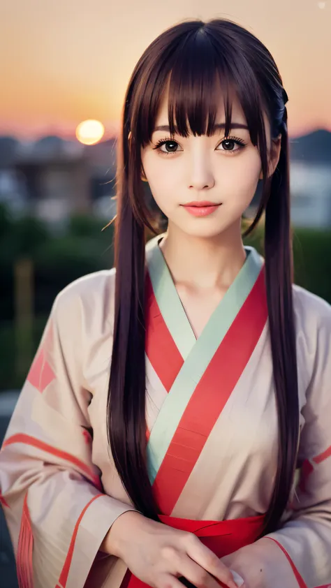 (Close up portrait of twin tailed long hair with bangs between eyes girl in beautiful colorful kimono:1.5)、(One girl is enshrining a shrine in Japan with smiles:1.3)、(A shrine in Japan with a winter sunset red sky:1.5)、(8k ultra detailed master piece:1.5)、...