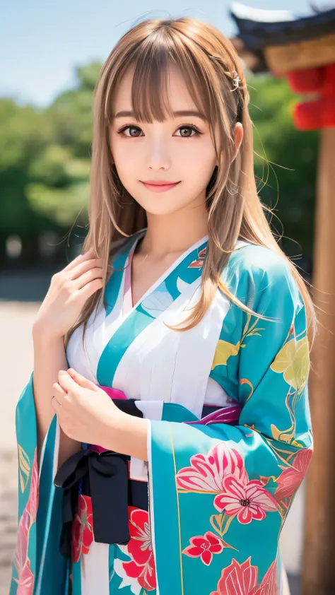 (Close up portrait of half up blonde long hair with bangs girl in beautiful colorful kimono:1.5)、(One blonde hair girl is enshrining a shrine in Japan with smiles:1.3)、(A shrine in Japan with a winter blue sky:1.5)、(8k ultra detailed master piece:1.5)、(pe...