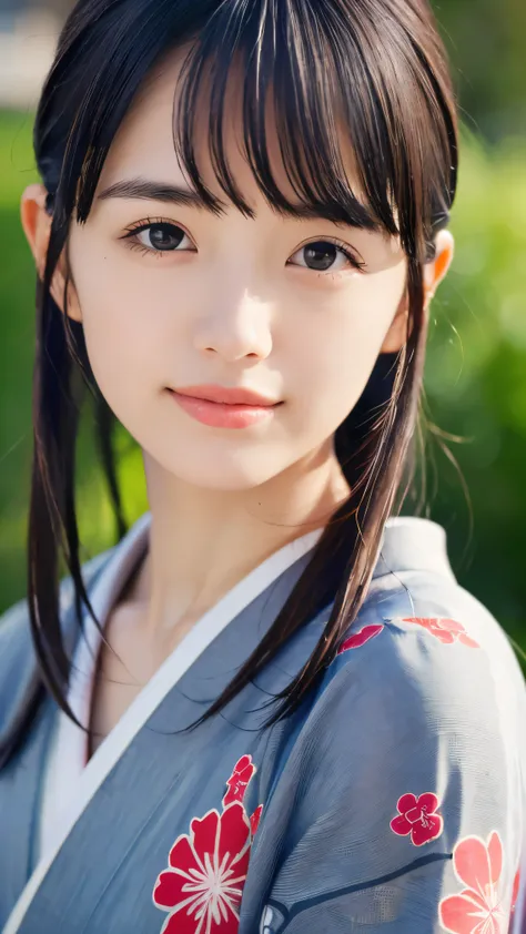 (Close up portrait of dark silver long hair with swept bangs girl in beautiful colorful kimono:1.5)、(One girl is enshrining a shrine in Japan with smiles:1.3)、(A shrine in Japan with a winter blue sky:1.5)、(8k ultra detailed master piece:1.5)、(perfect ana...