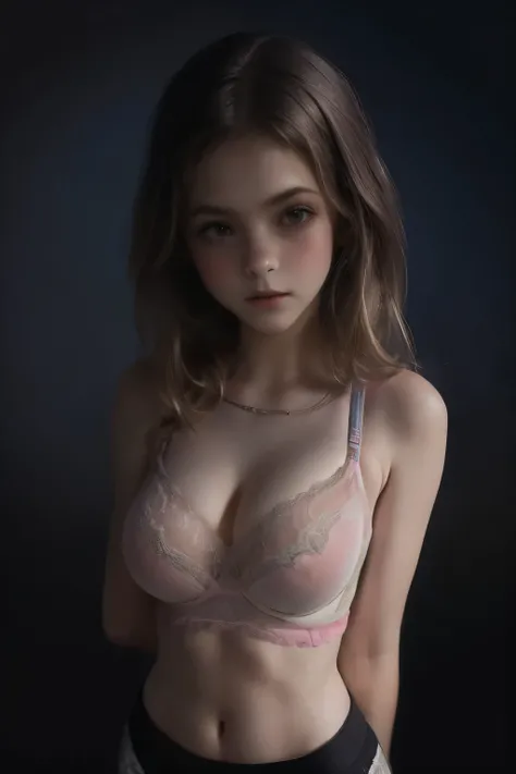 (frilly sweater), (frilly clothing), (((slim, petit))), (((32 F breast size))), (Tifa Lockheart), ((nsfw)), ((pretty)), ((sports bra)), (pale coloured cotton leggings), (portrait), (dark background)