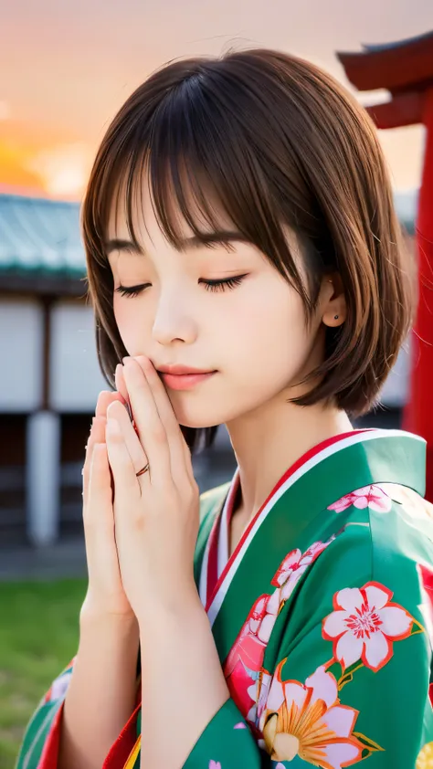 (Close up portrait of round face brown short hair with bangs girl in a beautiful colorful floral pattern kimono:1.5)、(One girl praying with her eyes closed and palms together at a shrine in Japan:1.5)、(A shrine in Japan with a winter sunset red sky:1.5)、(8...