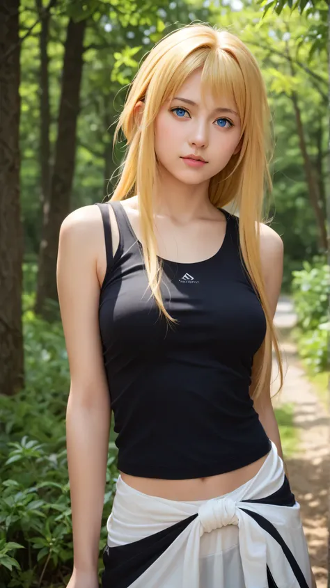 1girl, solo,alice zuberg,blue eyes,blonde hair,outdoors,potrait,medium breast,(nature backround) ,(black tanktop:1.5),long hair,front view,potrait,close up,wear sarong,standing still,Masterpiece, best quality, 8k, ultra high resolution, photorealistic, cin...