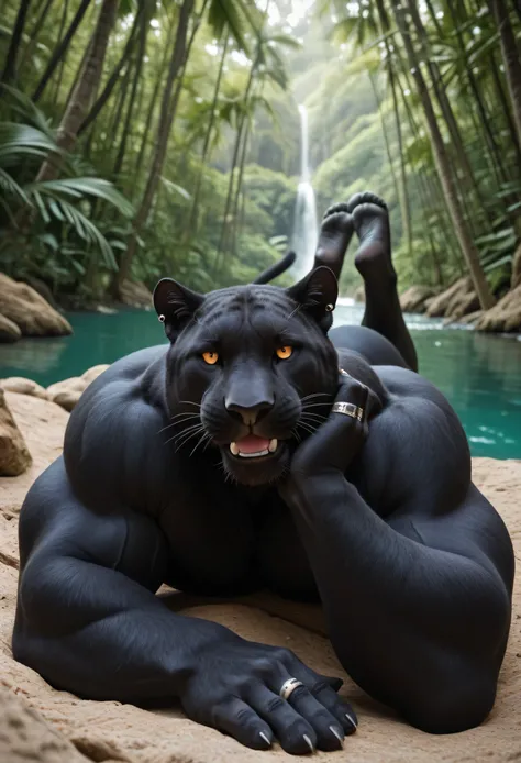 masterpiece, best quality, amazing quality, high quality, RAW photo, semi realistic, full body. human, 1boy, Huge Adult Male muscular bara Feline Black Panther:1.6, (Black Body), Black Panther Fur:1.5, detail fur:1.5, massive hyper veiny muscle:2, Massive ...