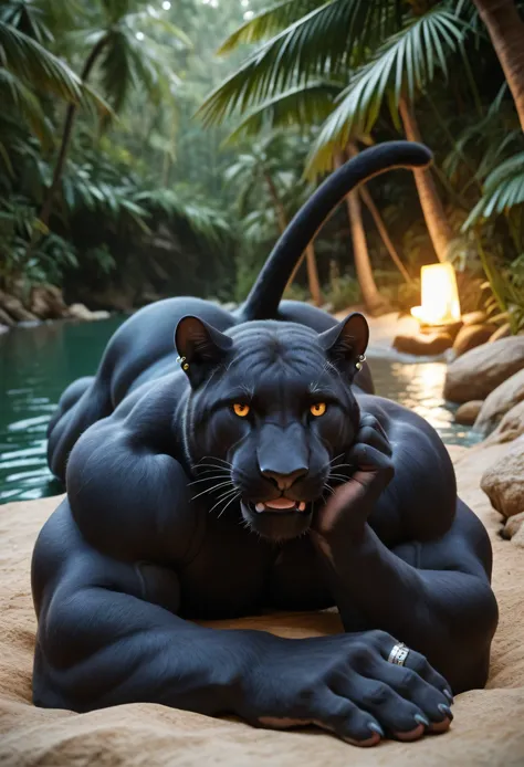 masterpiece, best quality, amazing quality, high quality, RAW photo, semi realistic, full body. human, 1boy, Huge Adult Male muscular bara Feline Black Panther:1.6, (Black Body), Black Panther Fur:1.5, detail fur:1.5, massive hyper veiny muscle:2, Massive ...