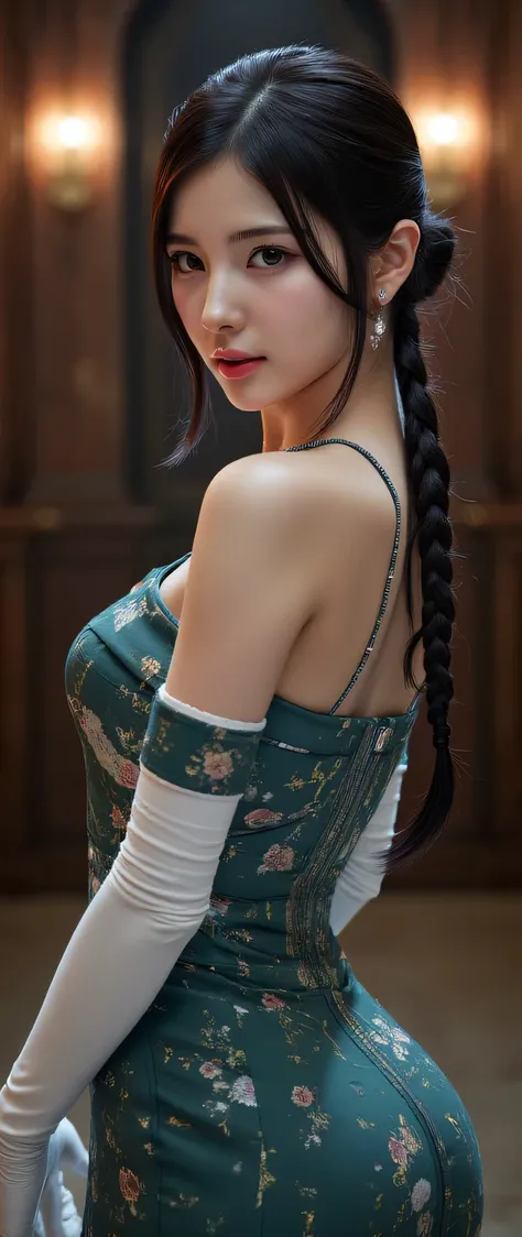 best quality, masterpiece, (photorealistic:1.4), 1girl (extremely beautiful), cowboy shot, luxury elegant bare shoulder  dress, dramatic lighting, hair over shoulders, white gloves, v arms, luxury hall background, night, japanese face, braid hair, small br...