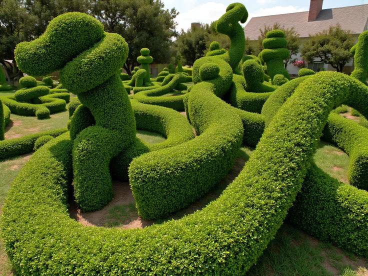 Meticulously manicured juniper bushes in different unique, innovative, and aesthetically incredible shapes and sizes. Ultra-realistic, photo-realistic, cinematic photography, hyperrealistic,  3D rendered realism, UHDR, high-res, physically-based rendering,...