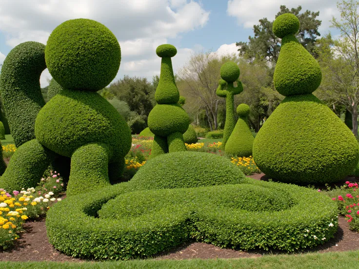 Meticulously manicured juniper bushes in different unique, innovative, and aesthetically incredible shapes and sizes. Ultra-realistic, photo-realistic, cinematic photography, hyperrealistic,  3D rendered realism, UHDR, high-res, physically-based rendering,...