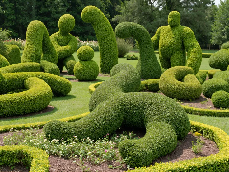 Meticulously manicured juniper bushes in different unique, innovative, and aesthetically incredible shapes and sizes. Ultra-realistic, photo-realistic, cinematic photography, hyperrealistic,  3D rendered realism, UHDR, high-res, physically-based rendering,...