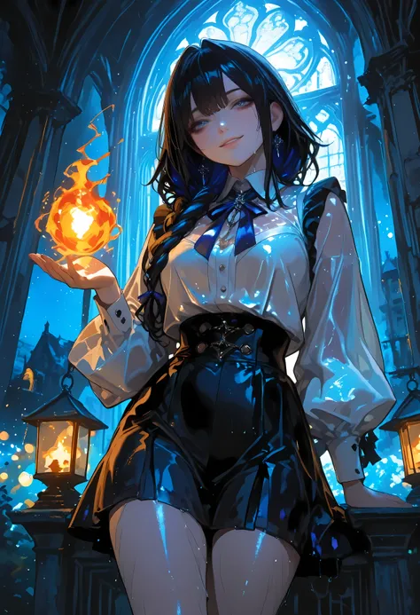 Haunted Castle、1 Midnight、The girl who lost her way、long black hair，Fireball in hand、Lantern Lights、I'm not scared at all!、Lightning echoes、girl wet in the rain、big mansion like a castle、 Ghosts、dimly lit room、State of Ruins、Only ghost eyes light up，shortc...