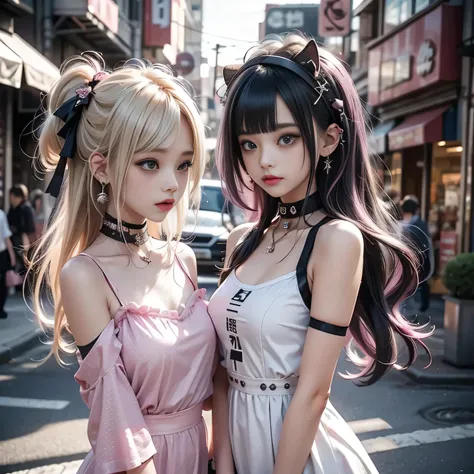 kda,GAL,{{2girls,blonde hair,}}、{{black hair、pink hair}},,white camisole dress,pink camisole dress,{{メスガキのコスプレ}},gothic punk
