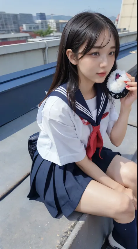 very realistic photo, (A beautiful Japanese girl is sitting on a small chair and holding a big rice ball in her hand., She is on the floor of school rooftop.:1.3), (She is looking down and weeping.:1.5), sailor collared uniform, seifuku, panties, (dark blu...