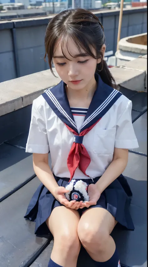 very realistic photo, (A beautiful Japanese girl is sitting on a small chair and holding a big rice ball in her hand., She is on the floor of school rooftop.:1.3), (She is looking down and weeping.:1.5), sailor collared uniform, seifuku, panties, (dark blu...