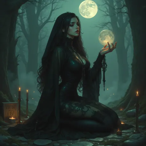 A mysterious gothic witch performing a ritual under a full moon. Her long black wavy hair cascades softly over her shoulders. Dressed in a flowing black lace gown with subtle shimmer, she kneels gracefully, holding a glowing orb in her delicate hands — fin...