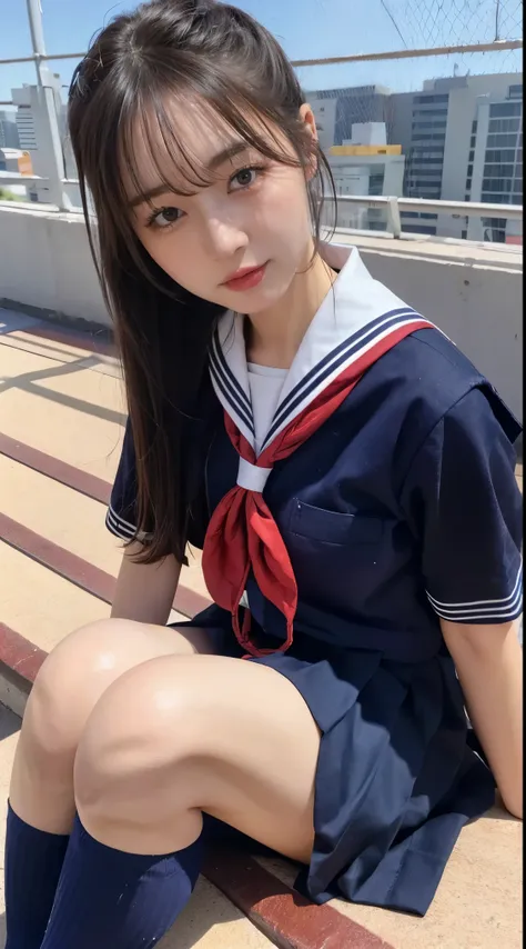 very realistic photo, (A beautiful Japanese girl is sitting directly on the floor of school rooftop., She is looking down and weeping.:1.3), sailor collared uniform, seifuku, panties, (dark blue pleated skirt), (school uniform, skirt, serafuku, pleated ski...