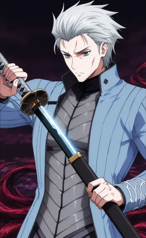 1male, solo, teenage, Vergil, silver hair, short hair, slicked back hair, vergil costume, katana, Unsheathing, big muscle, underworld, High School DXD Style