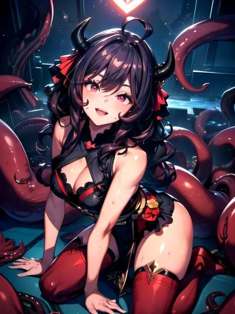 (Throne, surrounded by 100 tentacles, kneeling and straddling, bending over, covered in semen, tentacle brothel: 1.5). (Red-eyed demon princess, red eyes, demon princess, demon, dark skin, kimono covering the neckline, long length, Japanese style, night: 1...